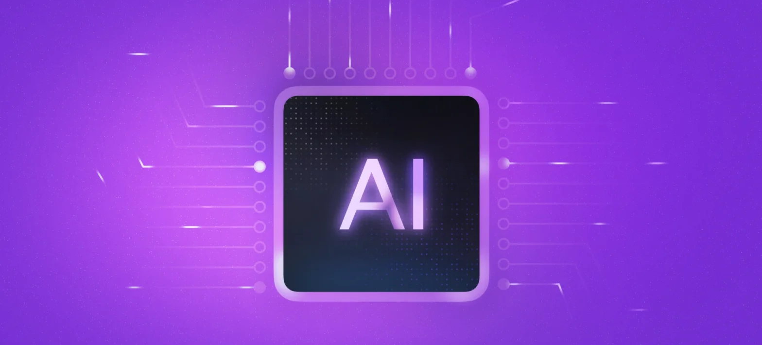 Ilustração de um chip ou processador em tom roxo com a sigla "AI" no centro, representando Inteligência Artificial Generativa.