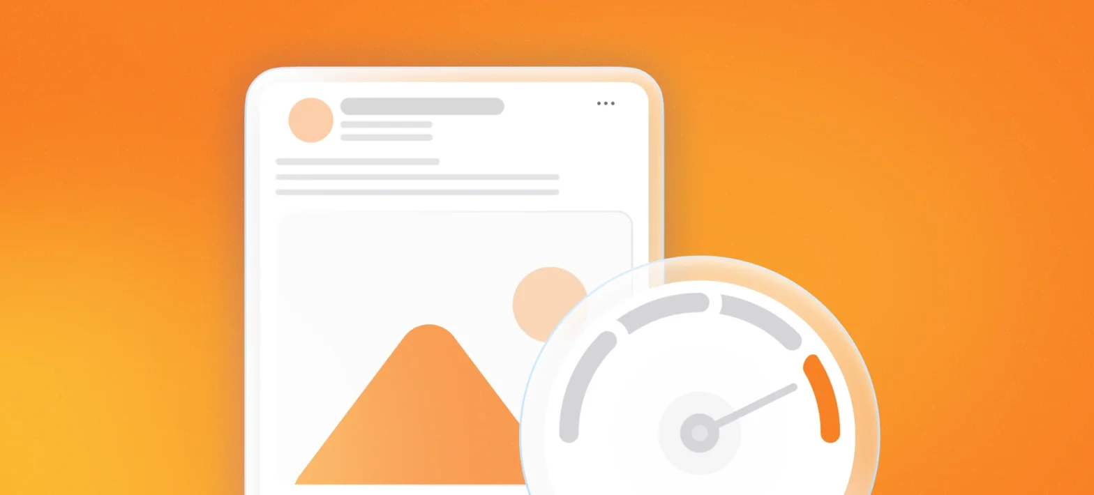 Ilustração digital em tons de laranja e branco mostrando uma interface de carregamento de página ou rede social e, em primeiro plano, um medidor de velocidade com o ponteiro na zona rápida/verde.