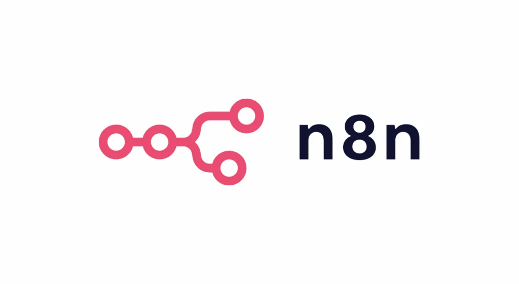 Logotipo do n8n. À esquerda, um ícone na cor rosa composto por quatro círculos interligados por linhas estruturais, representando um fluxo de dados ou rede de nós. À direita, o texto "n8n" em fonte geométrica, letras minúsculas e cor azul-marinho.